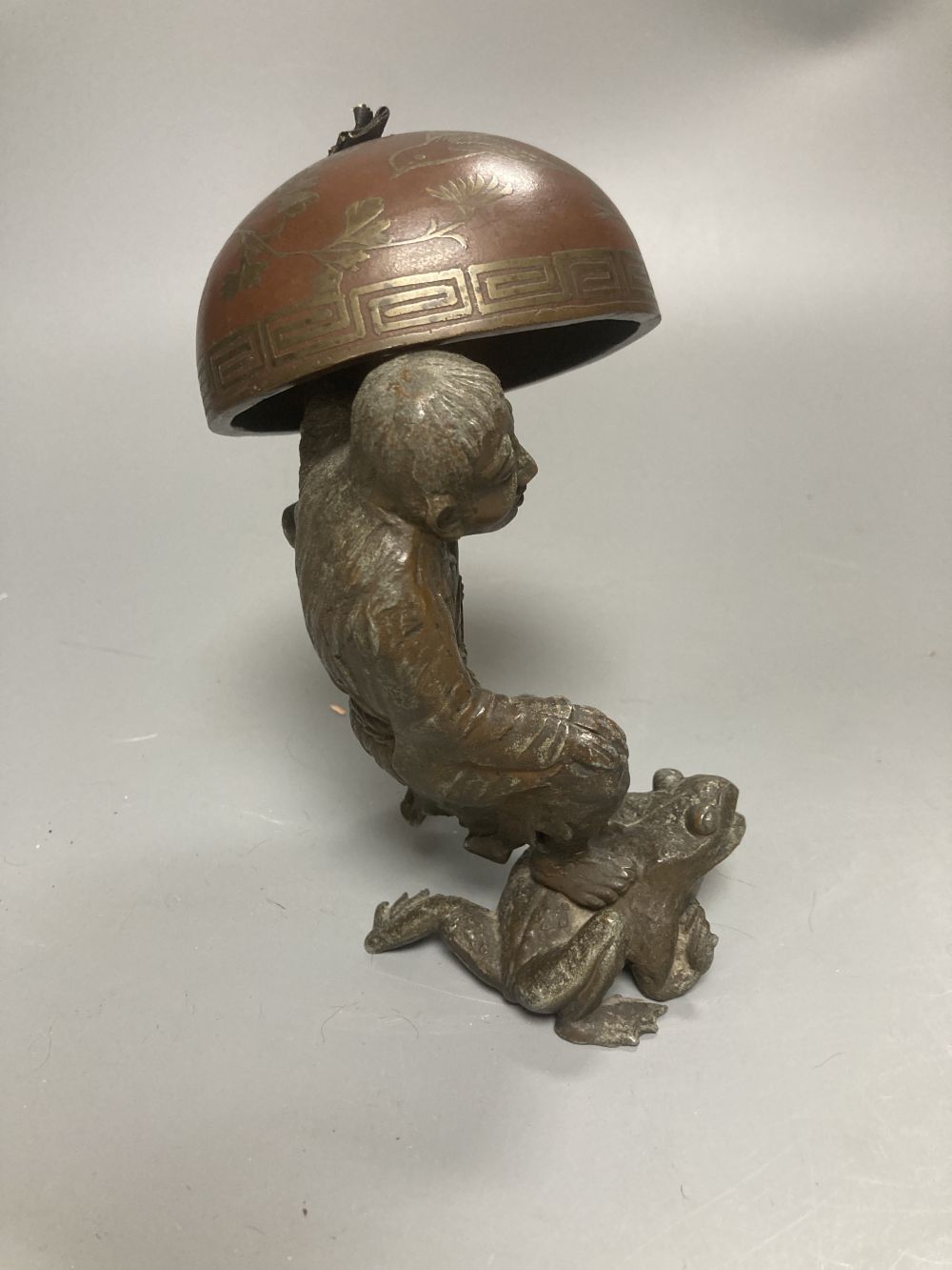 A Chinese famille rose vase, a spelter figure of Liu Hai, 17cm and five cloisonne dishes